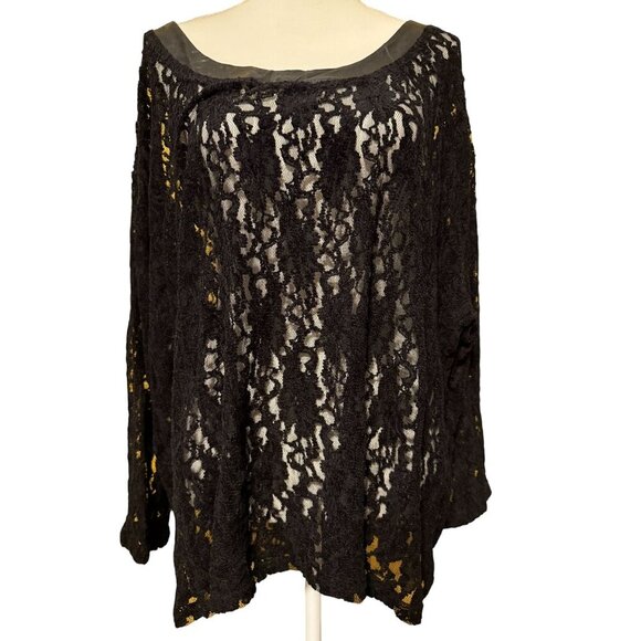 DKNY Jeans Black Lace Top With Faux Leather Trim & Back Zipper Closure 2X - Picture 1 of 5